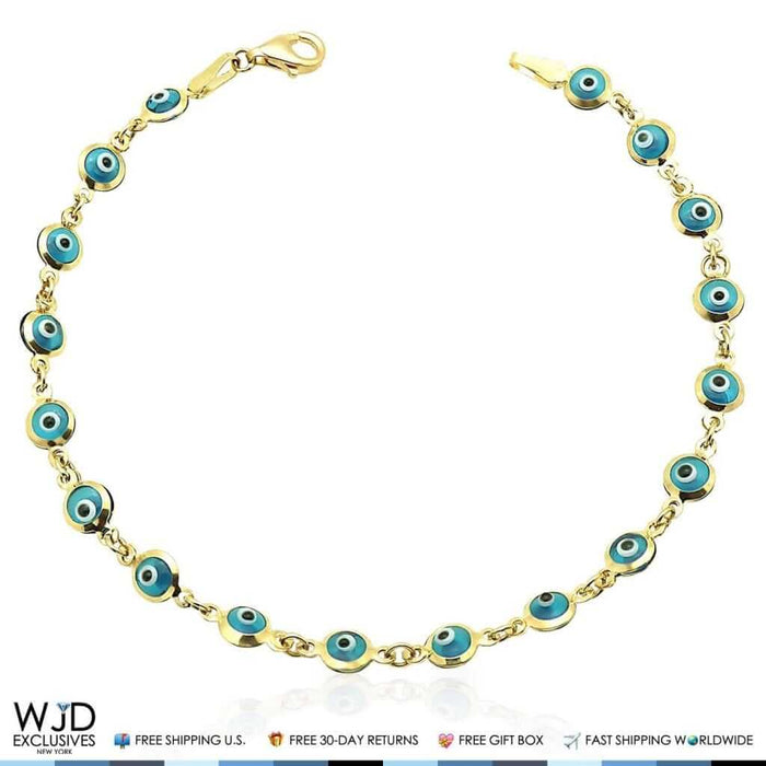 14k Gold Yellow Good Luck Evil Eye Cable Charm Bracelet 7"