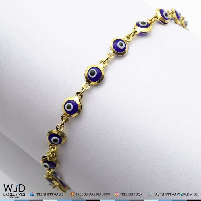 14K Yellow Gold Good Luck Evil Eye Cable Charm Bracelet 7"
