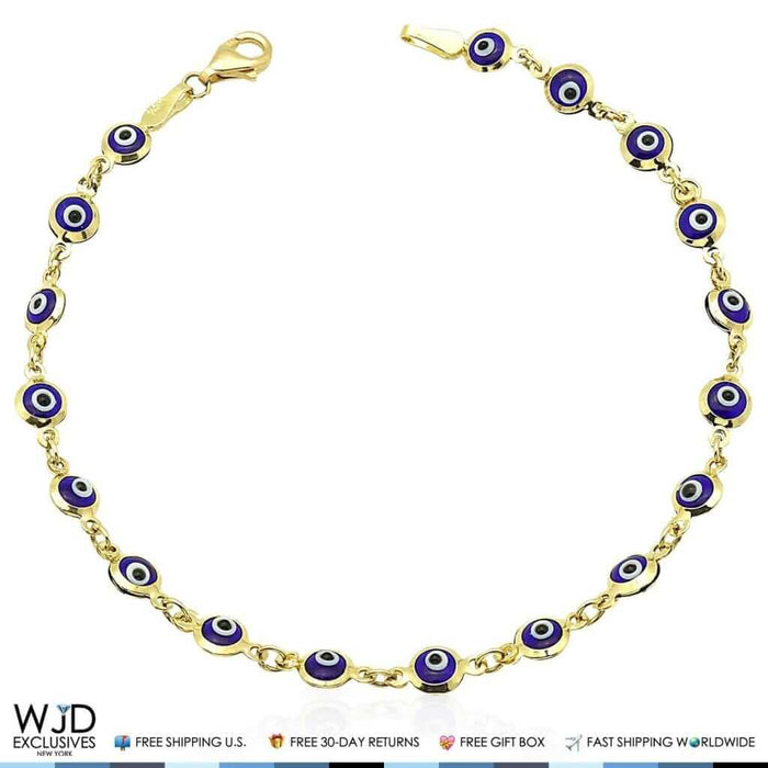 14k Gold Yellow Good Luck Evil Eye Cable Charm Bracelet 7"