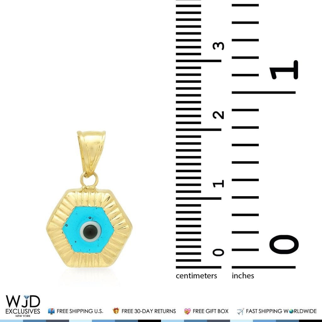 14k Yellow Gold Hexagonal Shape Evil Eye Good Luck Charm Pendant 20mm
