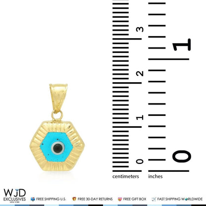 14k Yellow Gold Hexagonal Shape Evil Eye Good Luck Charm Pendant 20mm