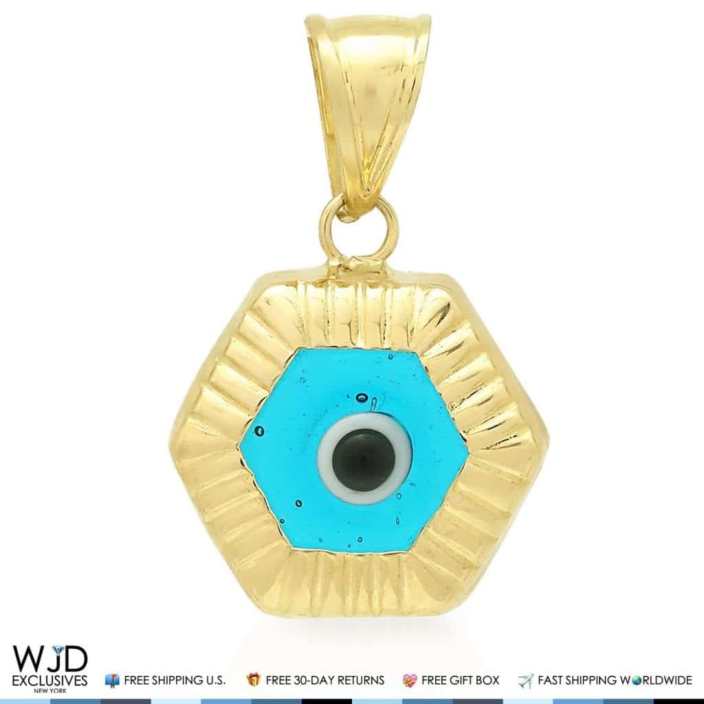 14k Yellow Gold Hexagonal Shape Evil Eye Good Luck Charm Pendant 20mm