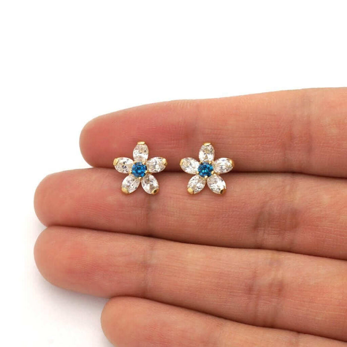 14k Yellow Gold CZ And Blue Topaz Flower Screw Back Stud Earrings