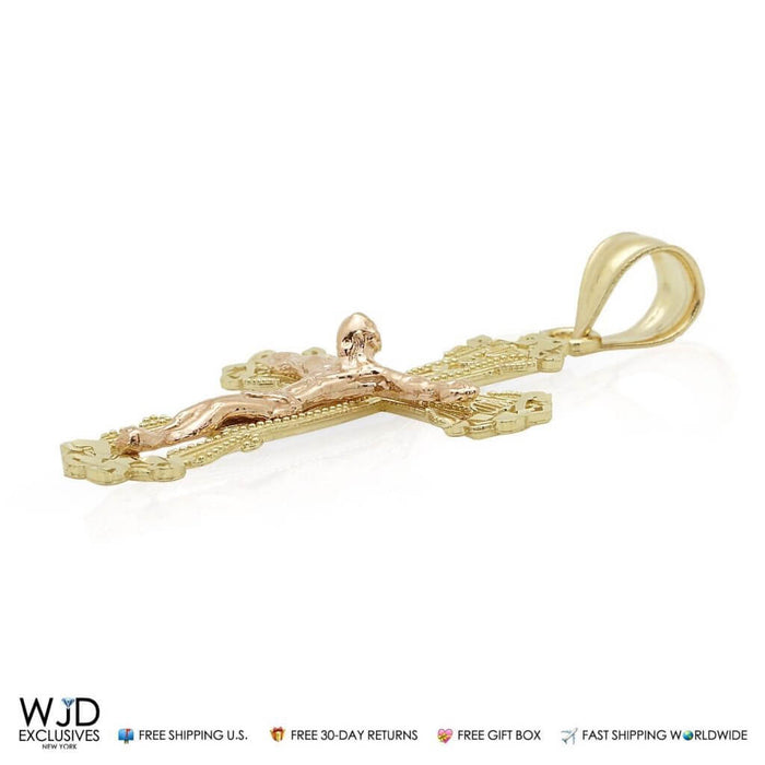 14k Yellow Gold Two-Tone Jesus Crucifix Cross Religious Pendant 1.7"