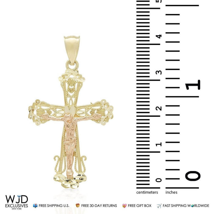 14k Yellow Gold Two-Tone Jesus Crucifix Cross Religious Pendant 1.7"
