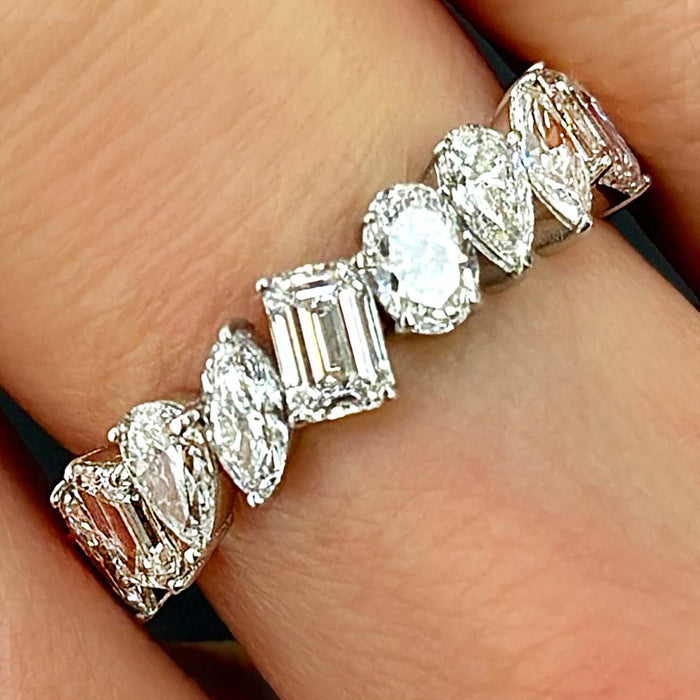 4.66 TCW Lab-Grown Diamond 14K White Gold Eternity Band displayed on a hand, showcasing radiant diamond settings.