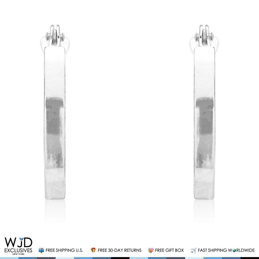 14mm Diameter Plain Square Hoop Snap Closure Earrings 14K Solid White Gold