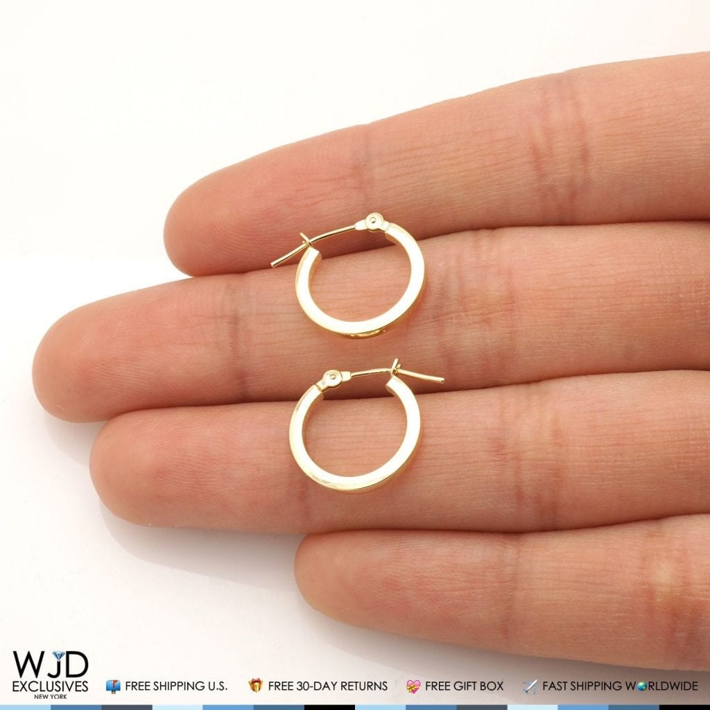 14mm Diameter Plain Square Hoop Snap Closure Earrings 14K Solid White Gold