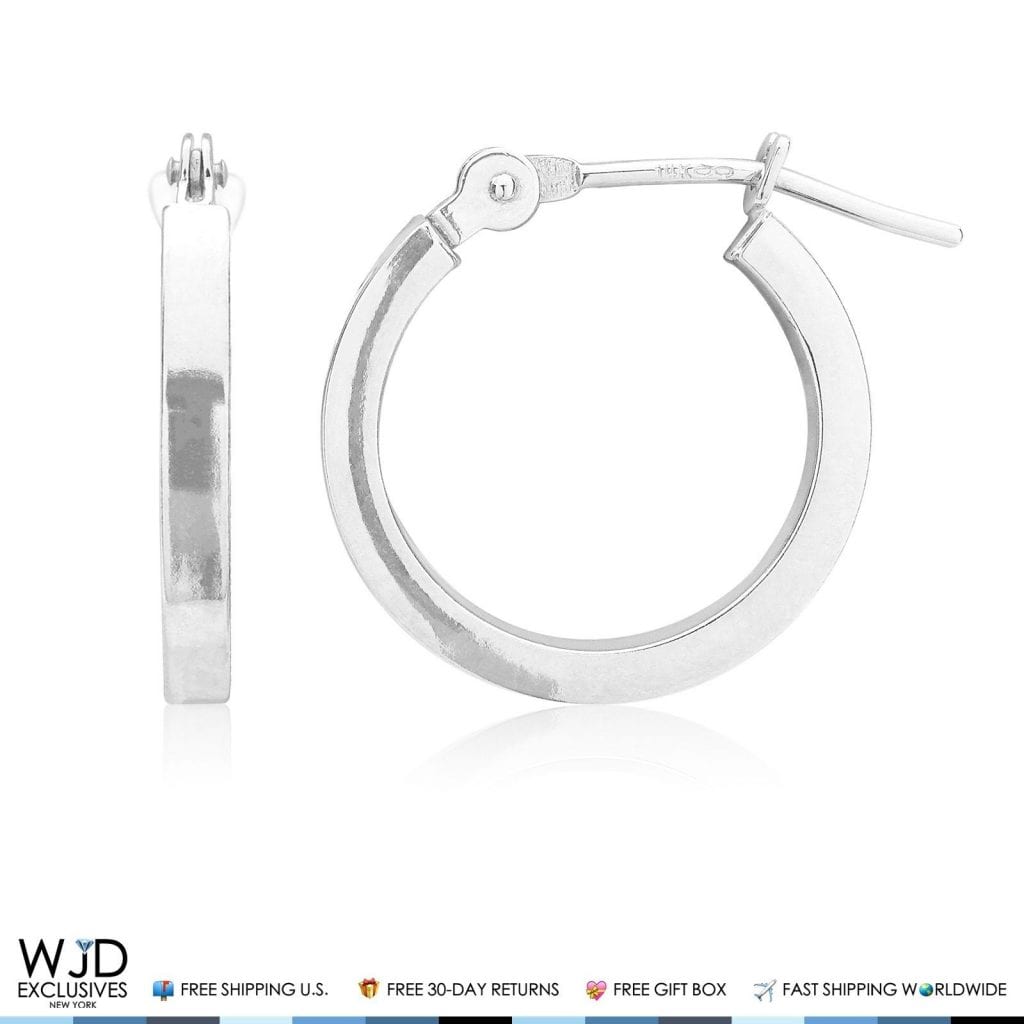 14mm Diameter Plain Square Hoop Snap Closure Earrings 14K Solid White Gold