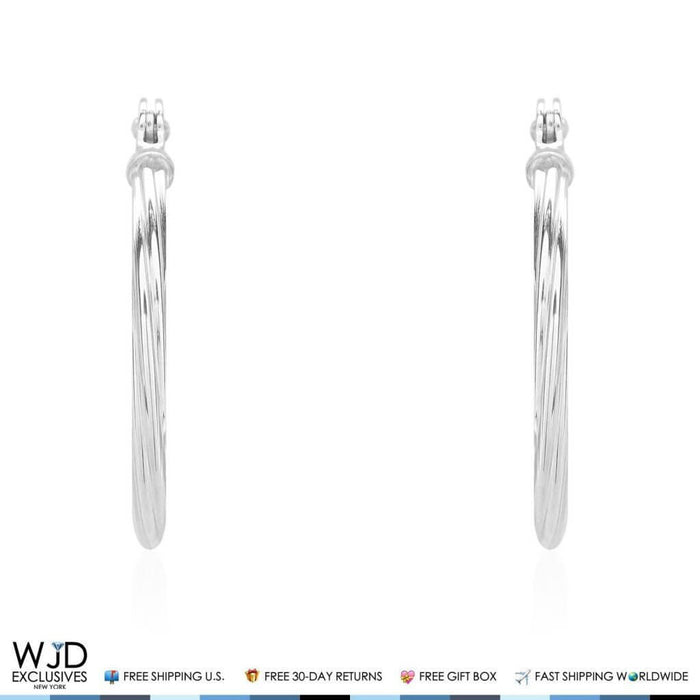14mm Diameter Snap Closure Twisted Rope Style Hoop Earrings 14K White Gold