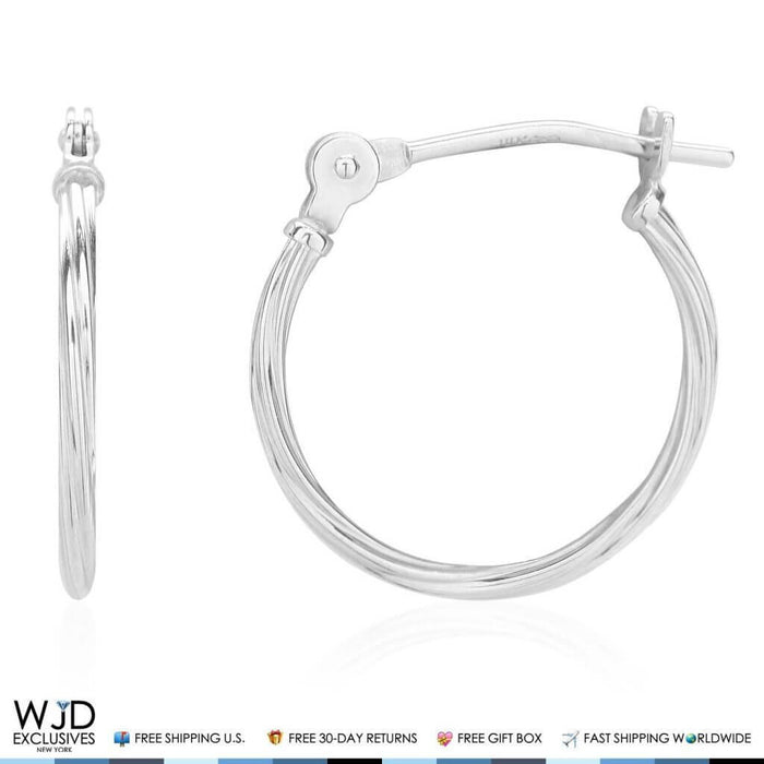 14mm Diameter Snap Closure Twisted Rope Style Hoop Earrings 14K White Gold