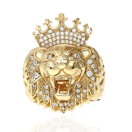 14K Gold Yellow Created Diamond Lion King Crown Head Signet Ring