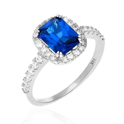 14K Yellow Gold White Emerald-Cut Blue Sapphire Zirconia Halo Engagement Ring