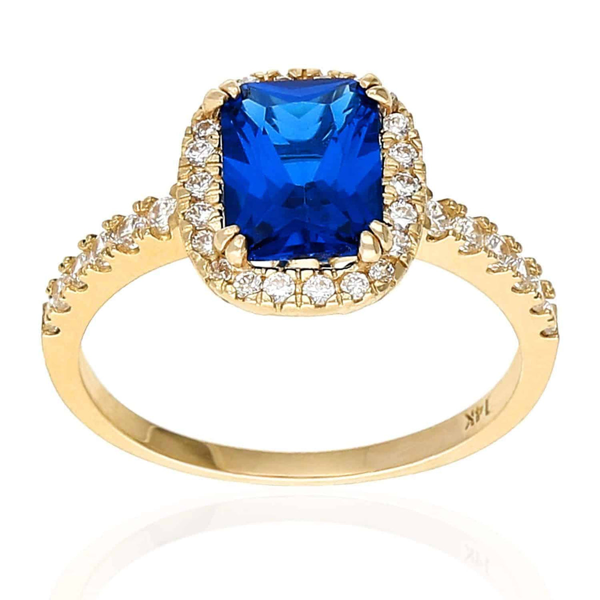 14K Yellow Gold White Emerald-Cut Blue Sapphire Zirconia Halo Engagement Ring