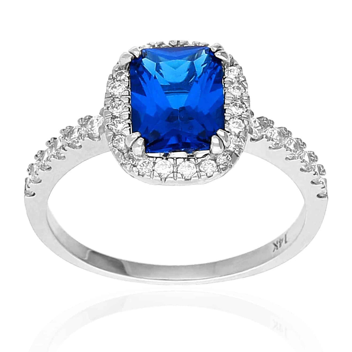 14K Yellow Gold White Emerald-Cut Blue Sapphire Zirconia Halo Engagement Ring