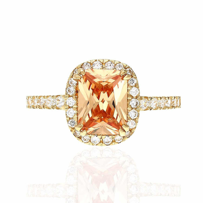 14K Gold CZ Emerald-Cut Champagne Halo Engagement Ring