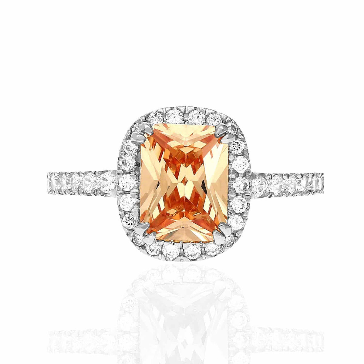 14K Gold CZ Emerald-Cut Champagne Halo Engagement Ring