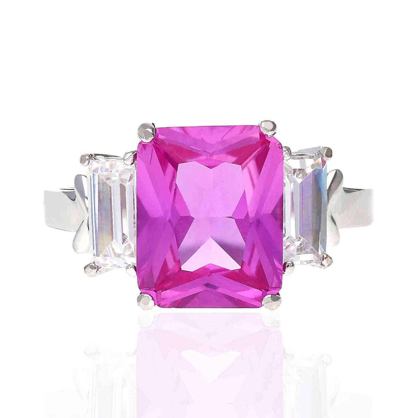 14K Gold White Radiant Cut Pink Tourmaline & Zirconia 3-Stone Anniversary Ring