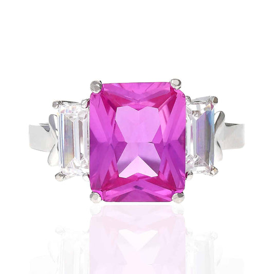 14K Gold White Radiant Cut Pink Tourmaline & Zirconia 3-Stone Anniversary Ring