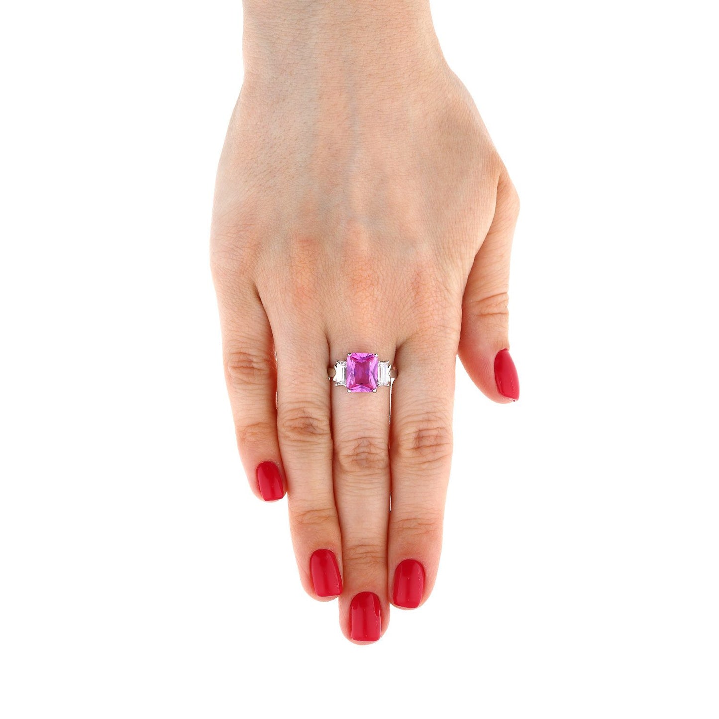 14K Gold White Radiant Cut Pink Tourmaline & Zirconia 3-Stone Anniversary Ring