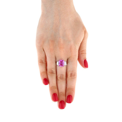 14K Gold White Radiant Cut Pink Tourmaline & Zirconia 3-Stone Anniversary Ring