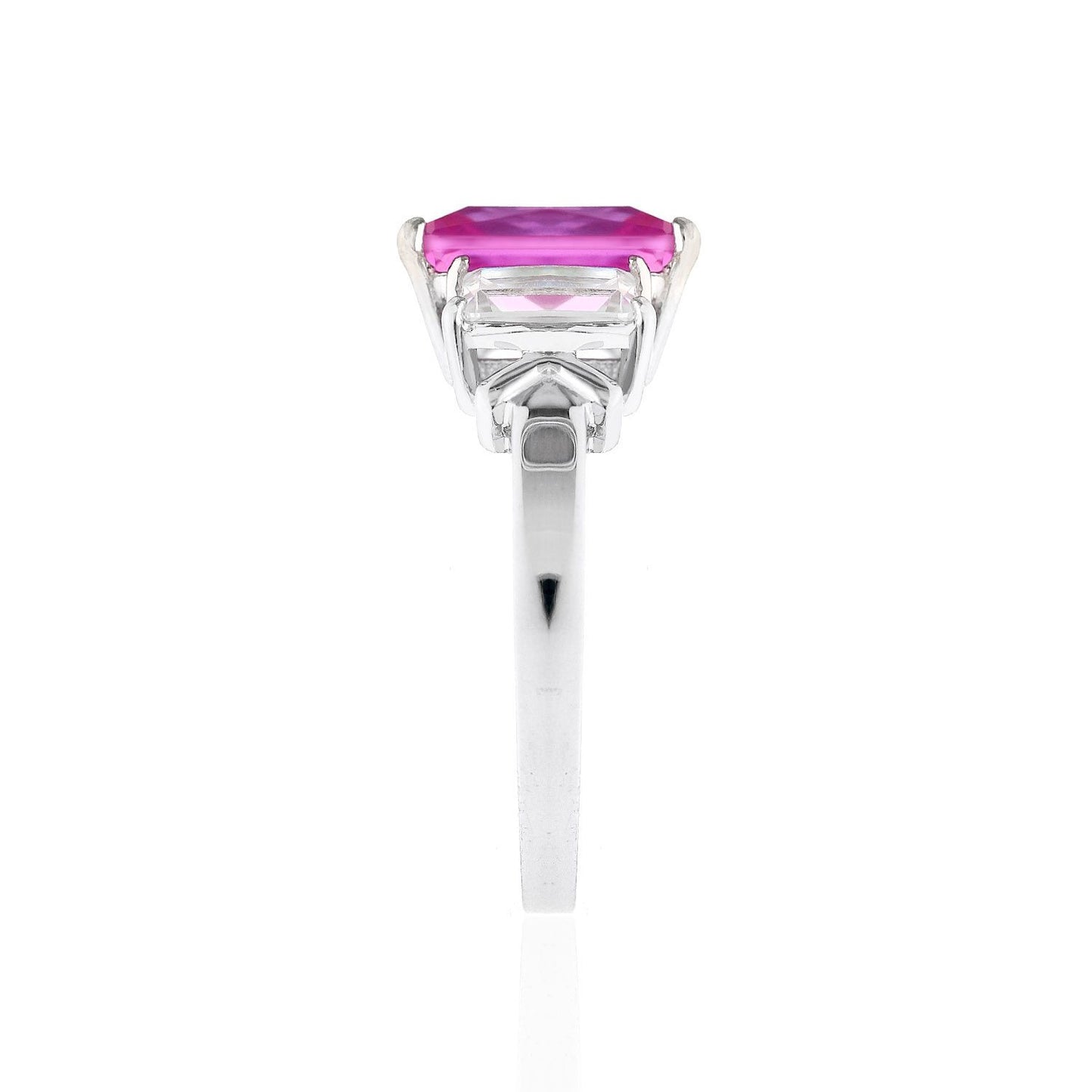 14K Gold White Radiant Cut Pink Tourmaline & Zirconia 3-Stone Anniversary Ring