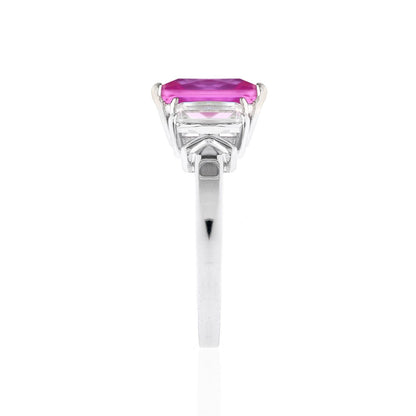 14K Gold White Radiant Cut Pink Tourmaline & Zirconia 3-Stone Anniversary Ring