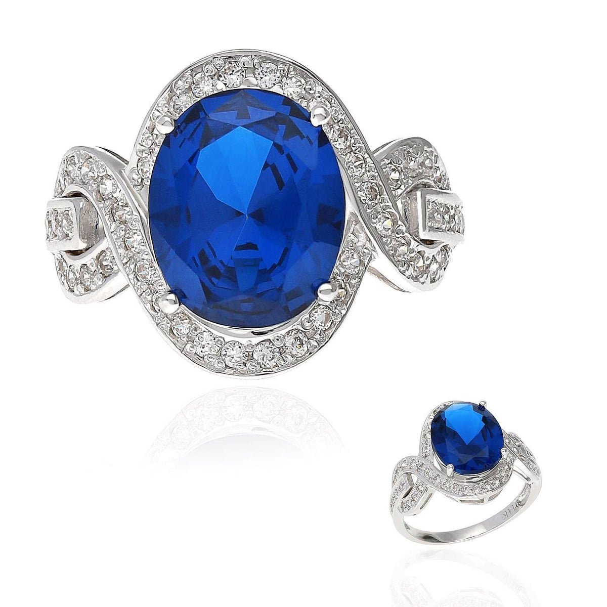 14K Gold White 4.7CTW CZ Oval Blue Sapphire Cocktail Ring