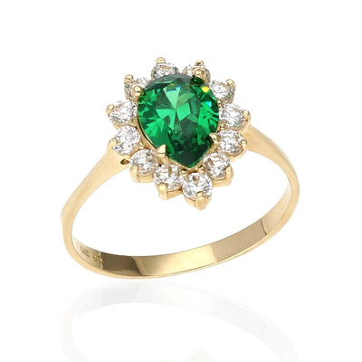 14K Yellow Gold Pear-Cut Emerald And Zirconia Cocktail Halo Ring