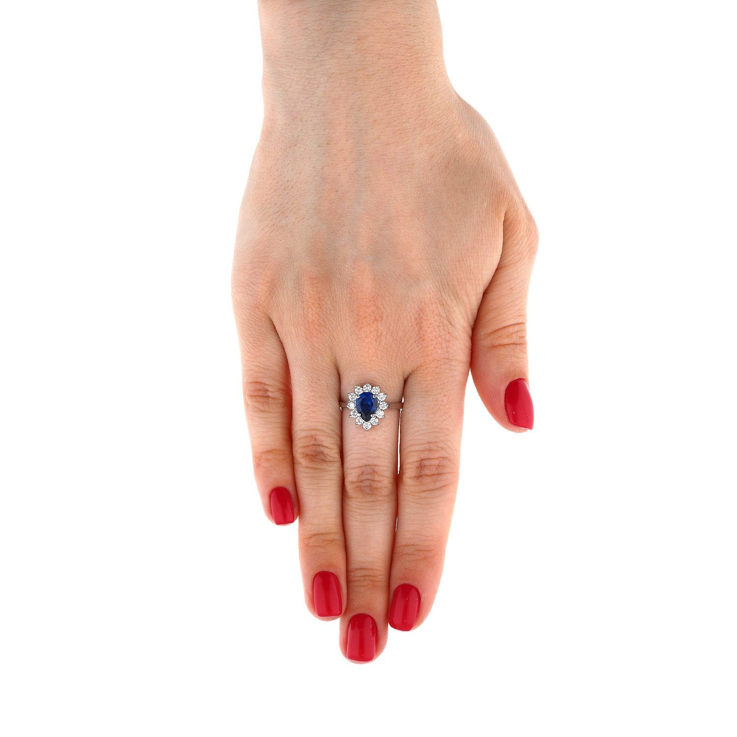 14K Gold White Pear Shaped Sapphire And Zirconia Heart Halo Ring
