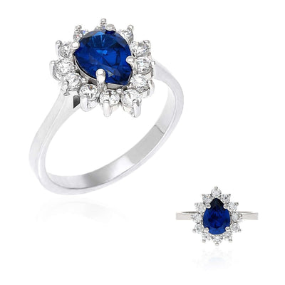 14K Gold White Pear Shaped Sapphire And Zirconia Heart Halo Ring