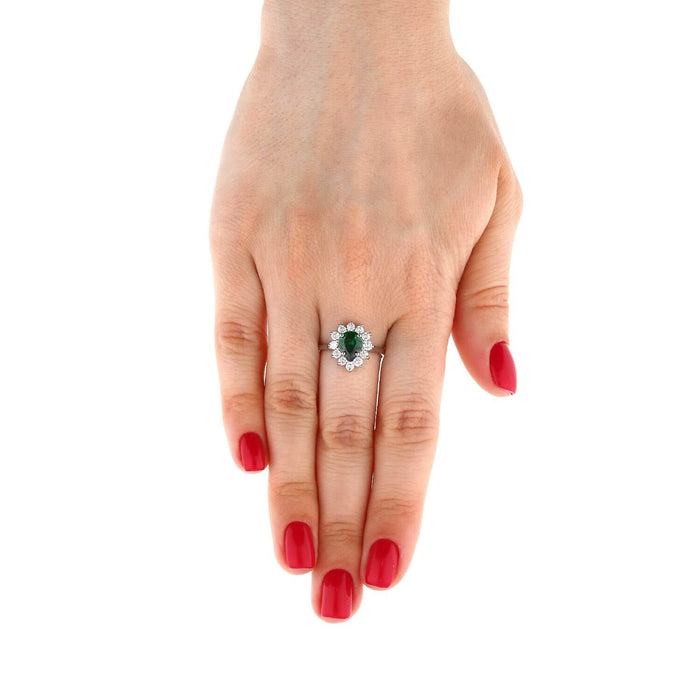 14K Gold White Emerald And Zirconia Pear Shape Cocktail Halo Ring