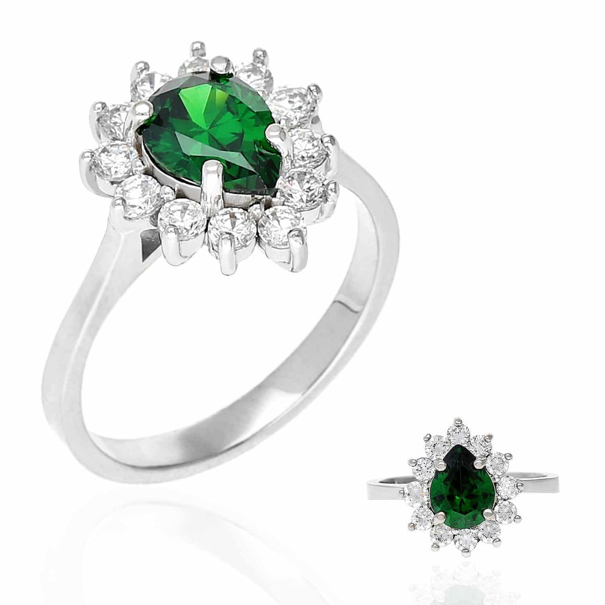 14K Gold White Emerald And Zirconia Pear Shape Cocktail Halo Ring