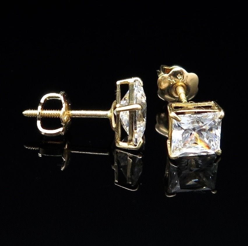 1.5Ct Created Diamond Princess Cut 14K Yellow Gold Screwback Stud Earrings 5mm