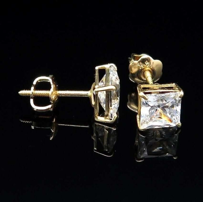 1.5Ct CZ Princess-Cut 14K Yellow Gold Screw Back Stud Earrings 5mm