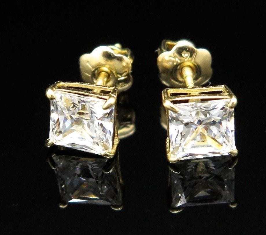 1.5Ct Created Diamond Princess Cut 14K Yellow Gold Screwback Stud Earrings 5mm