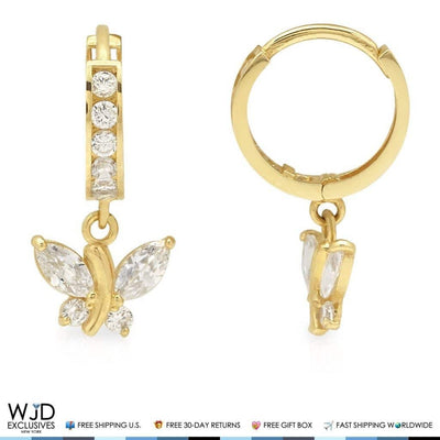 1.50CTW CZ 14K Yellow Gold Butterfly Huggie Hoop Dangle Earrings