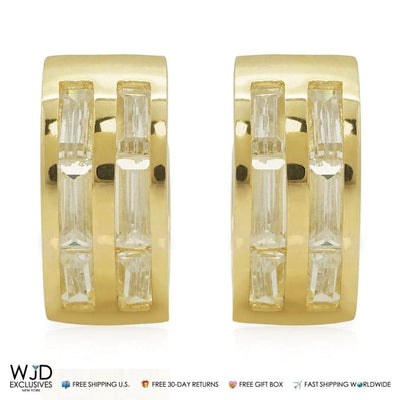 Double-Row Simulated Baguette Diamond Huggie Hoop Earrings 14K Yellow Gold