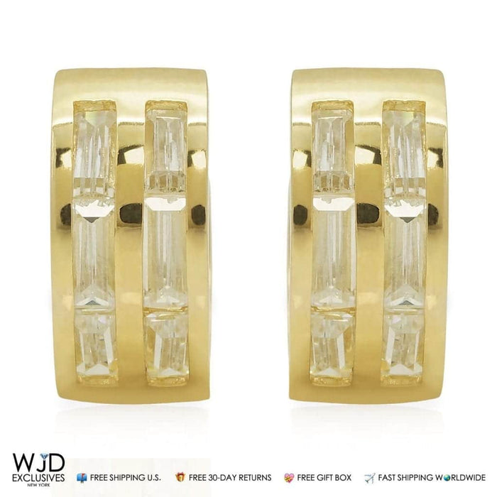 Double-Row Simulated Baguette Diamond Huggie Hoop Earrings 14K Yellow Gold