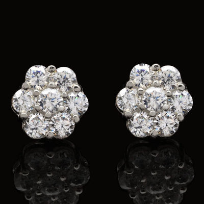 1.50CTW CZ 14K White Gold Round Flower Cluster Stud Earrings