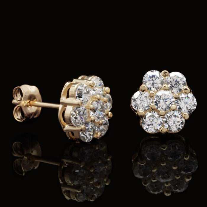 1.50Ct Round CZ 14K Yellow Gold Flower Cluster Stud Earrings