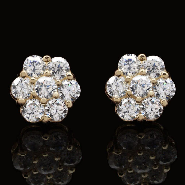 1.50Ct Round CZ 14K Yellow Gold Flower Cluster Stud Earrings
