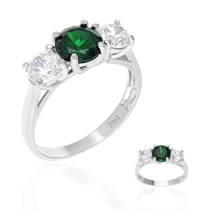 14K Gold White 2CT Emerald And Zirconia Three Stone Anniversary Engagement Ring