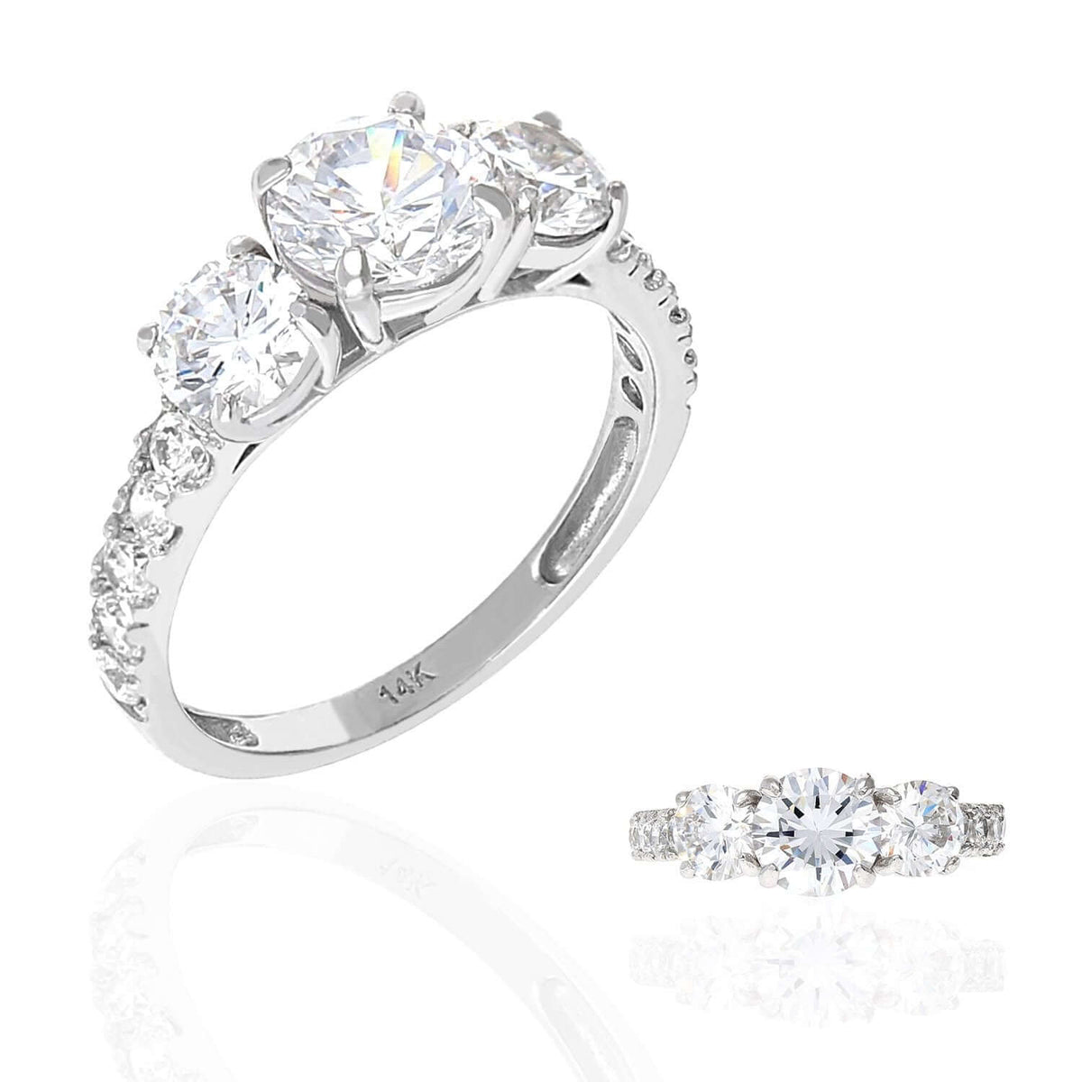 2.5Ct WJD CZ 14K Gold White Three Stone Engagement Ring