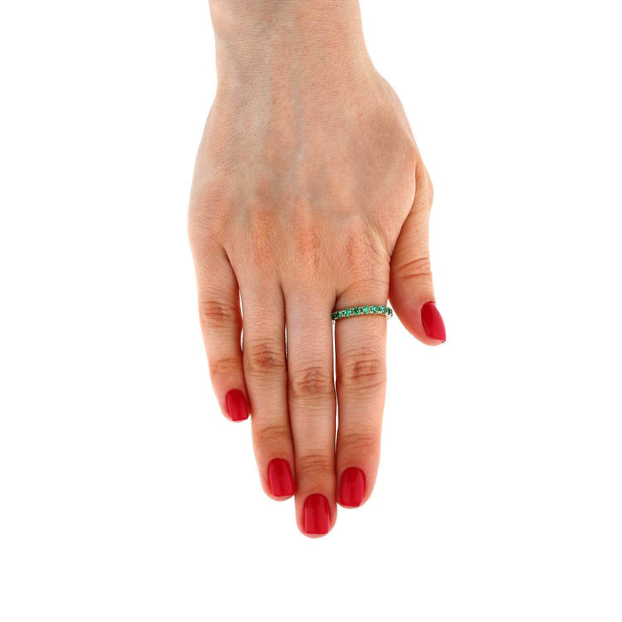 14K Yellow Gold 1.5CTW Simulated Green Emerald Full Eternity 3mm Band Ring