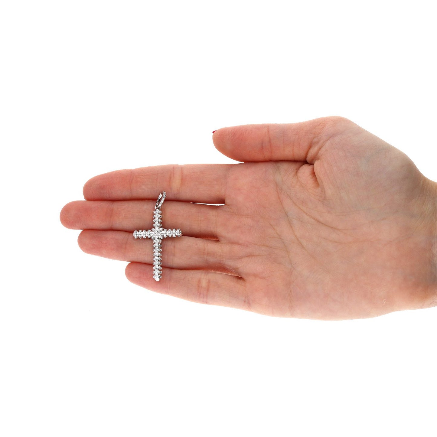 White Gold Over Silver Zirconia Segmented Religious Cross Pendant Necklace 18"