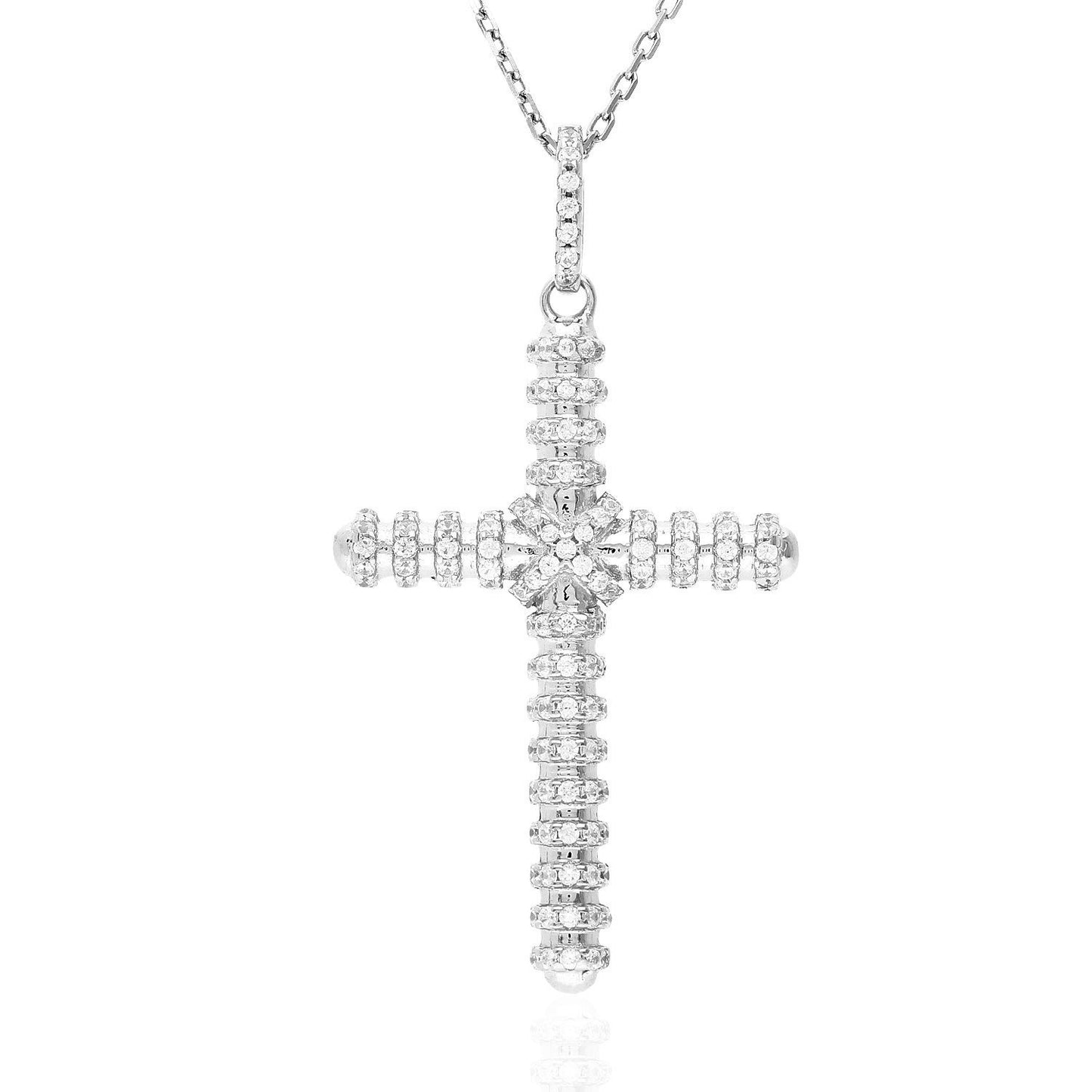 White Gold Over Silver Zirconia Segmented Religious Cross Pendant Necklace 18"