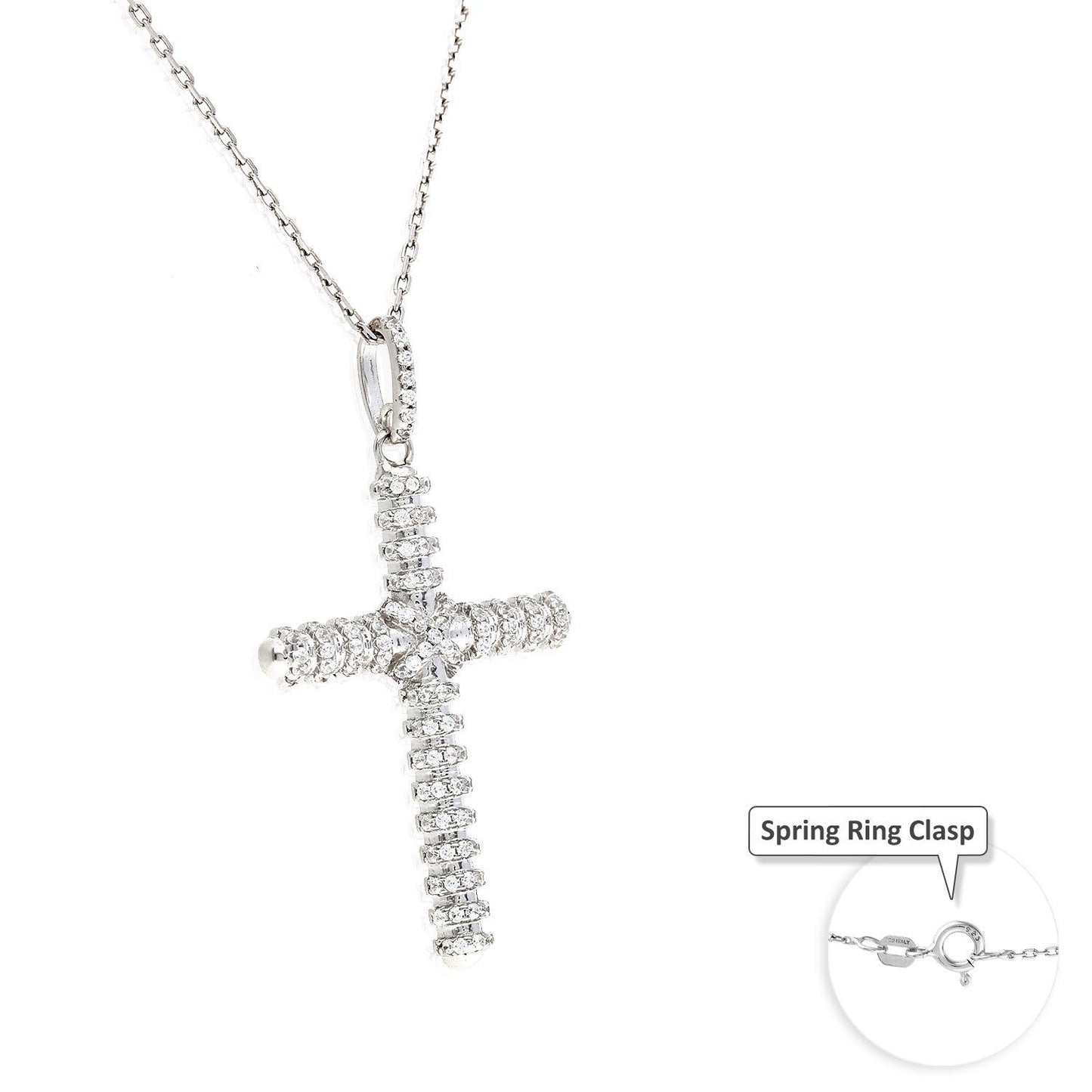 White Gold Over Silver Zirconia Segmented Religious Cross Pendant Necklace 18"