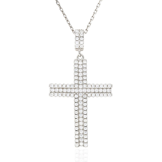White Gold Over Sterling Silver 1Ct Pave Set Zirconia Cross Pendant Necklace 18"