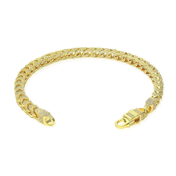 14K Gold Over Sterling Silver Pave Zirconia 6mm Franco Bracelet (Solid Links) 8"-9"